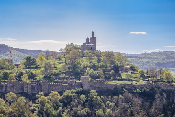 A majestic stone fortress sits atop a lush, green hill surrounded by dense forest and expansive countryside. The fortress features tall towers and walls with crenellations. The landscape shows rolling hills under a clear, blue sky with a few scattered clouds.
