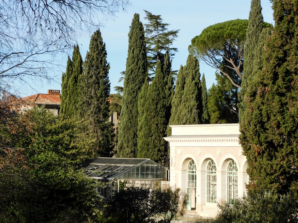 a white building surrounded by trees and bushes