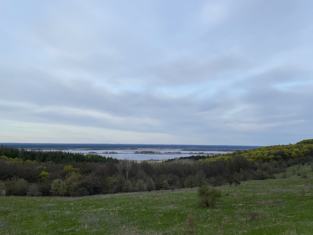 a grassy field with a lake in the distance