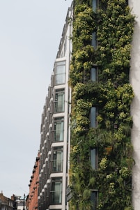 A vibrant green vertical garden integrated into a modern office building facade.