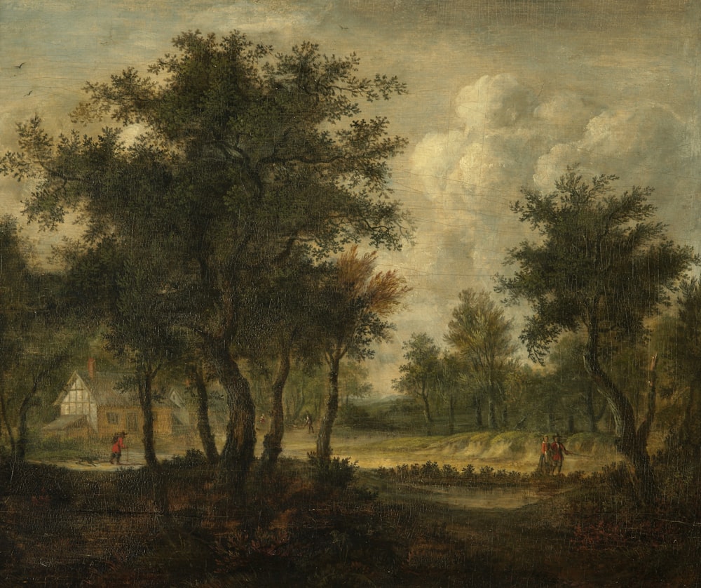 ein Gemälde eines Waldgebiets mit einem Haus in der Ferne