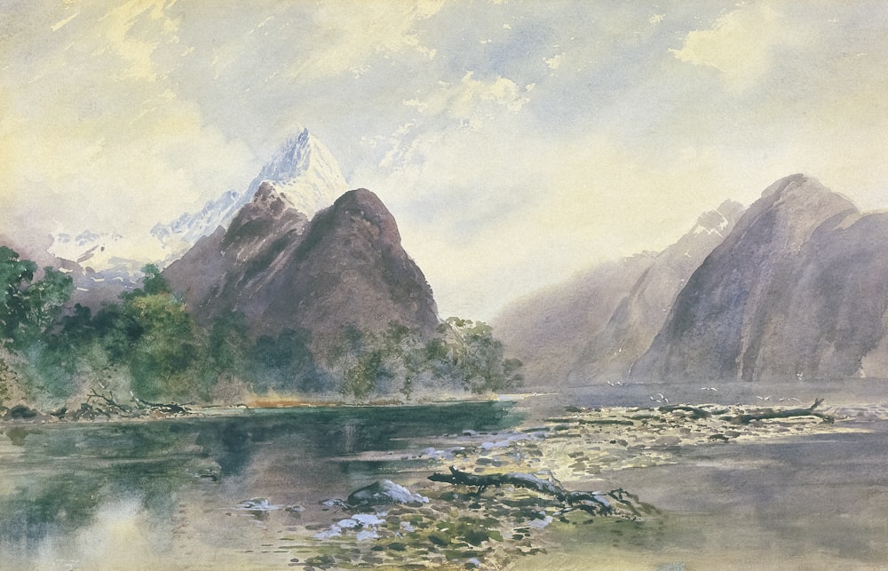 a painting of a mountain range with a lake in the foreground