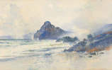 A delicate watercolor painting of a selchie emerging from misty waves under a twilight sky