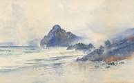 A watercolor painting depicting a coastal landscape with waves gently crashing against the shore. Prominent rocky formations rise from the water, shrouded in mist, adding a sense of mystique. The sky is overcast with soft, swirling clouds, enhancing the serene and slightly moody atmosphere.
