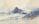 A watercolor painting depicting a coastal landscape with waves gently crashing against the shore. Prominent rocky formations rise from the water, shrouded in mist, adding a sense of mystique. The sky is overcast with soft, swirling clouds, enhancing the serene and slightly moody atmosphere.