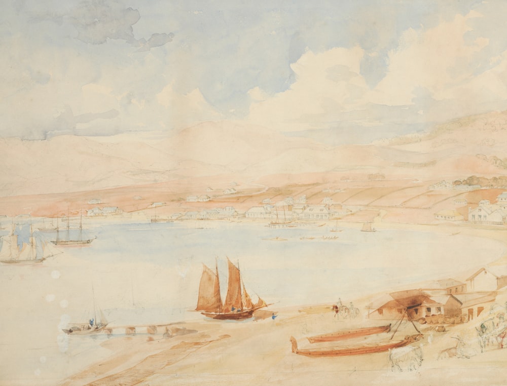 ein Gemälde von Booten auf einem Gewässer