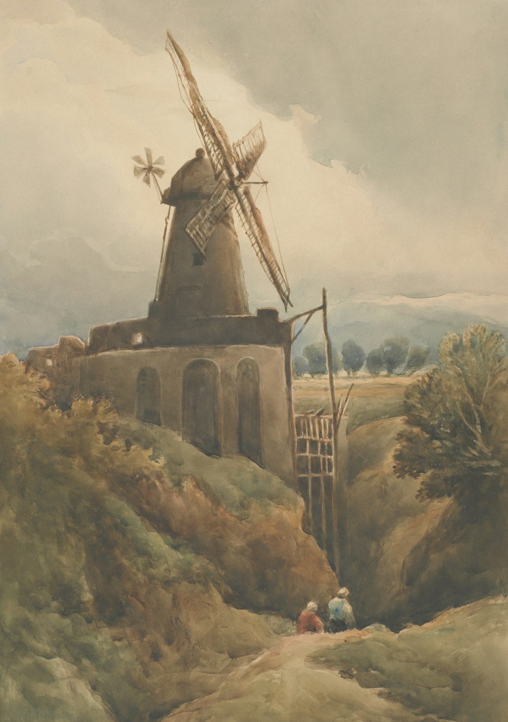 a painting of a windmill on a hill
