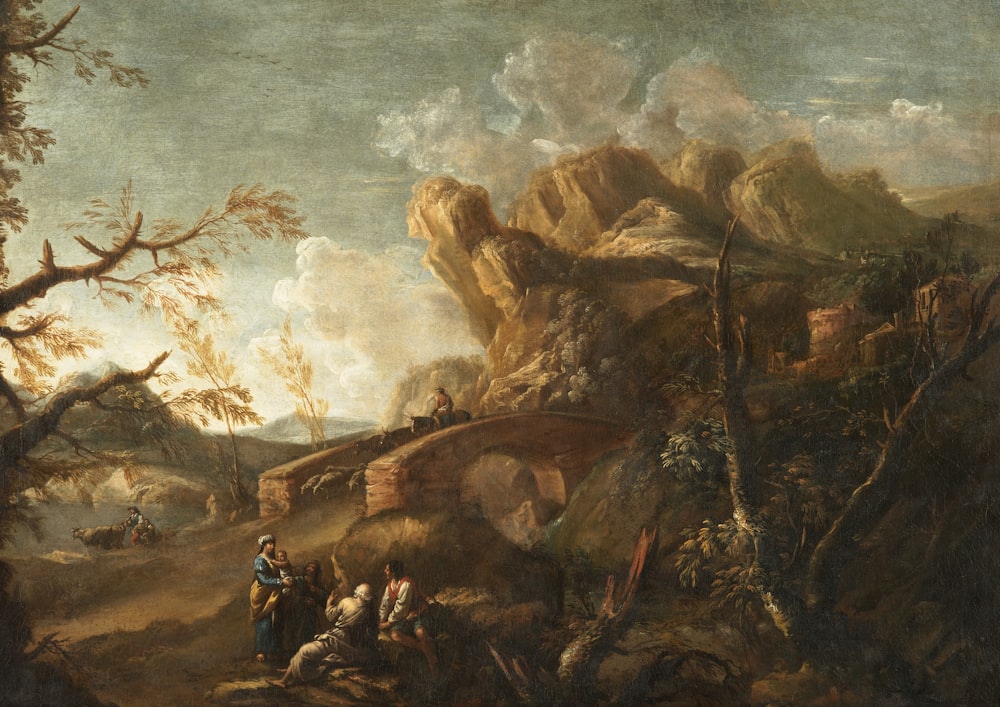 une peinture d’un paysage rocheux avec des gens et des animaux