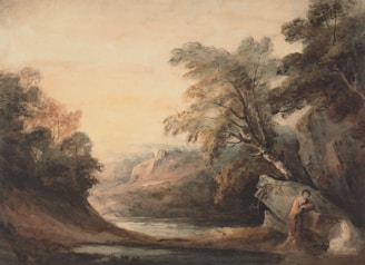 A serene landscape painting features a gentle river flowing through a valley surrounded by lush trees. A person is depicted leaning against a large rock, gazing contemplatively at the water. In the distance, hills rise with a faint outline of a castle atop one of them.