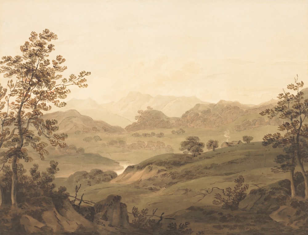 a painting of a hilly landscape with trees