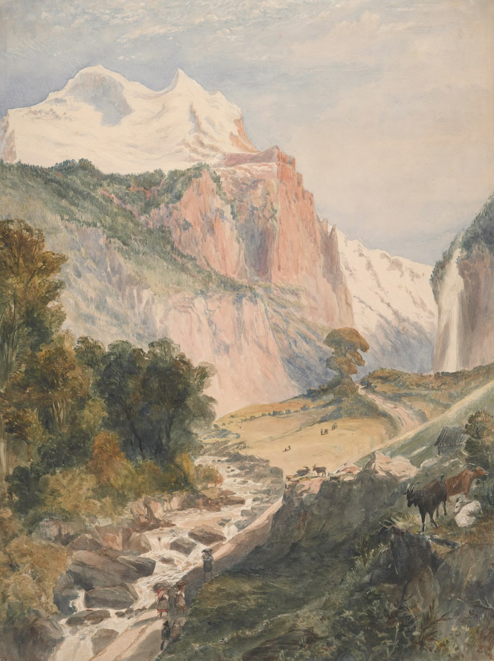 a painting of a mountain scene with a stream