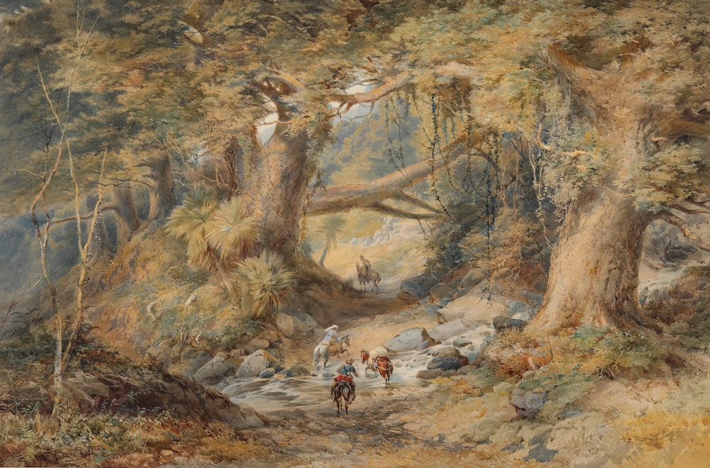 a painting of people walking through a forest