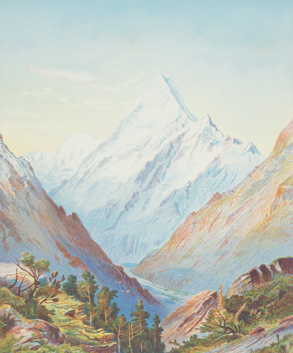 a painting of a mountain range with a river running through it