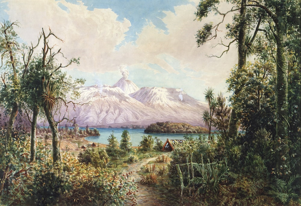 a painting of a mountain with a lake in the foreground