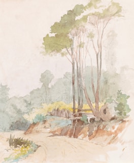 A watercolor painting depicting a serene natural landscape with tall, slender trees on a slight incline. The scene includes soft hues and gentle brushwork that create a tranquil atmosphere. Sparse foliage and earthy tones suggest a late summer or early autumn setting.