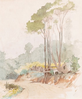 A watercolor painting depicting a serene natural landscape with tall, slender trees on a slight incline. The scene includes soft hues and gentle brushwork that create a tranquil atmosphere. Sparse foliage and earthy tones suggest a late summer or early autumn setting.