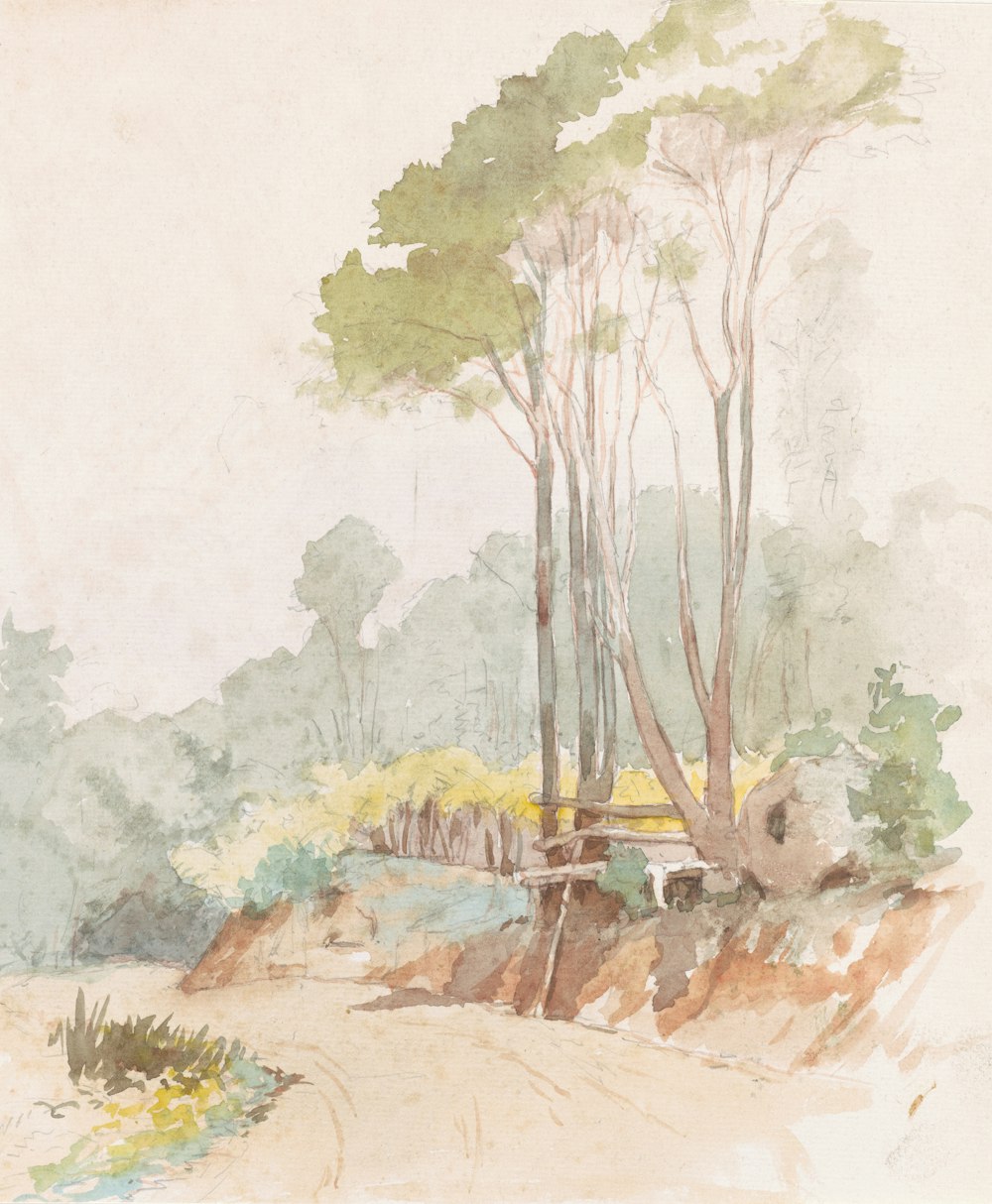 uma pintura de uma área arborizada com árvores