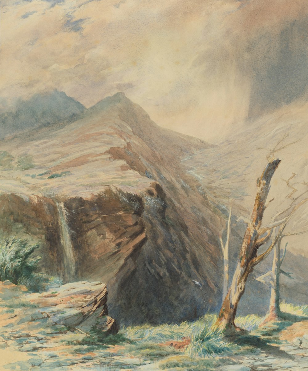 a painting of a mountain scene with a waterfall
