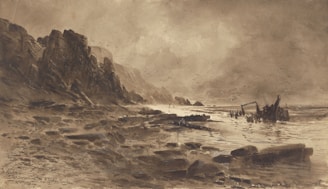 A sepia-toned painting depicting a rugged coastal landscape with steep cliffs on the left. The ocean extends to the right, featuring waves lapping against a rocky shore. In the water, remnants of a shipwreck are partially submerged. The sky is overcast with birds flying, creating a somber atmosphere.