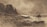 A sepia-toned painting depicting a rugged coastal landscape with steep cliffs on the left. The ocean extends to the right, featuring waves lapping against a rocky shore. In the water, remnants of a shipwreck are partially submerged. The sky is overcast with birds flying, creating a somber atmosphere.