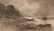 A sepia-toned painting depicting a rugged coastal landscape with steep cliffs on the left. The ocean extends to the right, featuring waves lapping against a rocky shore. In the water, remnants of a shipwreck are partially submerged. The sky is overcast with birds flying, creating a somber atmosphere.
