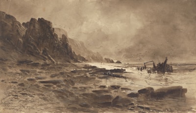 A sepia-toned painting depicting a rugged coastal landscape with steep cliffs on the left. The ocean extends to the right, featuring waves lapping against a rocky shore. In the water, remnants of a shipwreck are partially submerged. The sky is overcast with birds flying, creating a somber atmosphere.