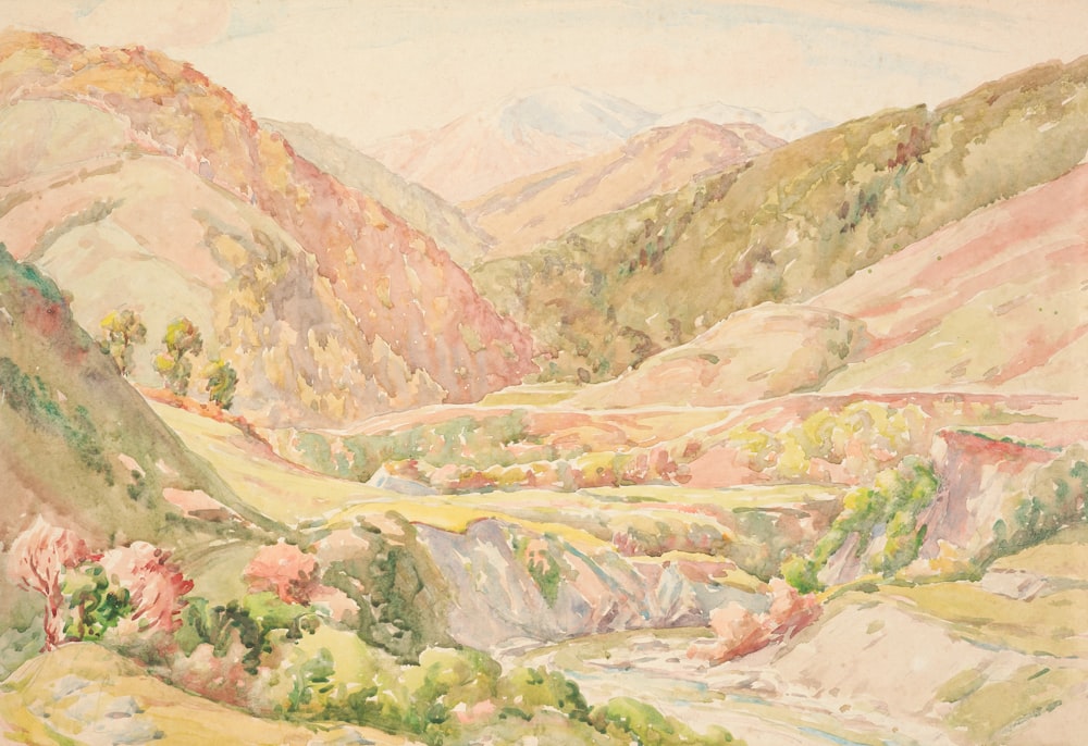 a painting of a valley with mountains in the background