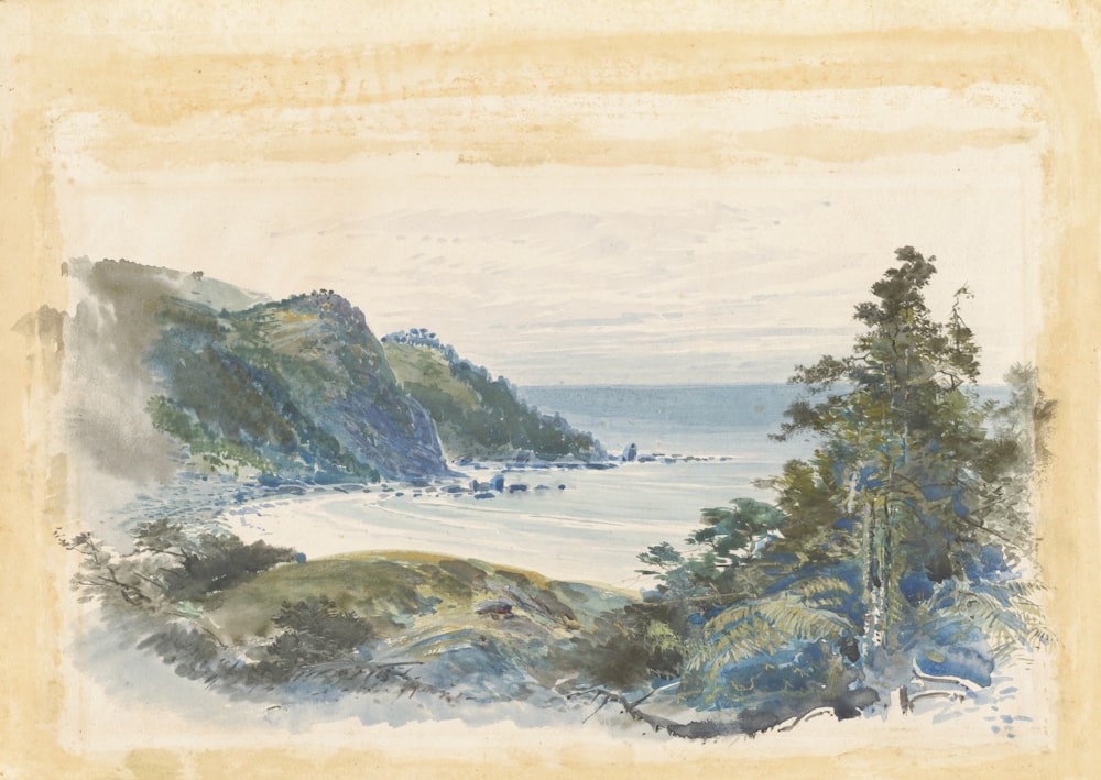 a painting of a landscape with trees and a body of water