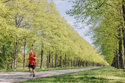 A person jogging outdoors on a sunny day in a peaceful park setting.