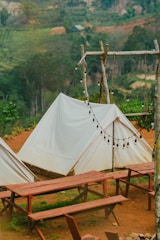 A serene outdoor setting featuring white canvas tents set up on a brown dirt ground. Wooden picnic tables and benches are arranged in front of the tents. A rustic wooden frame holds a string of unlit round bulb lights, and a lush green forest serves as the backdrop.