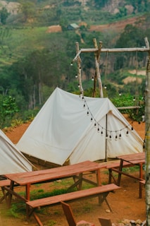 A serene outdoor setting featuring white canvas tents set up on a brown dirt ground. Wooden picnic tables and benches are arranged in front of the tents. A rustic wooden frame holds a string of unlit round bulb lights, and a lush green forest serves as the backdrop.