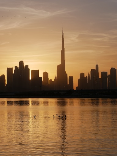 a large body of water with a city in the background