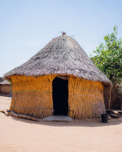 a straw hut with a thatched roof