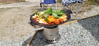 A small outdoor cooking setup features a portable grill with a round metal surface. On the grill, there are assorted vegetables, green leaves, and what appears to be chunks of marinated meat. The grill is positioned on a gravel surface, and nearby, there are foldable chairs, including one with a zebra pattern blanket draped over it.