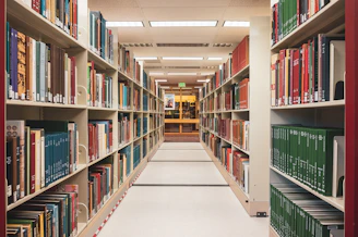a long row of books in a library