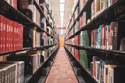 a long row of books in a library