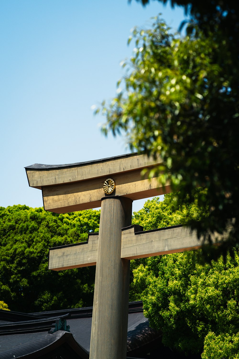 a tall wooden pole sitting next to a lush green forest