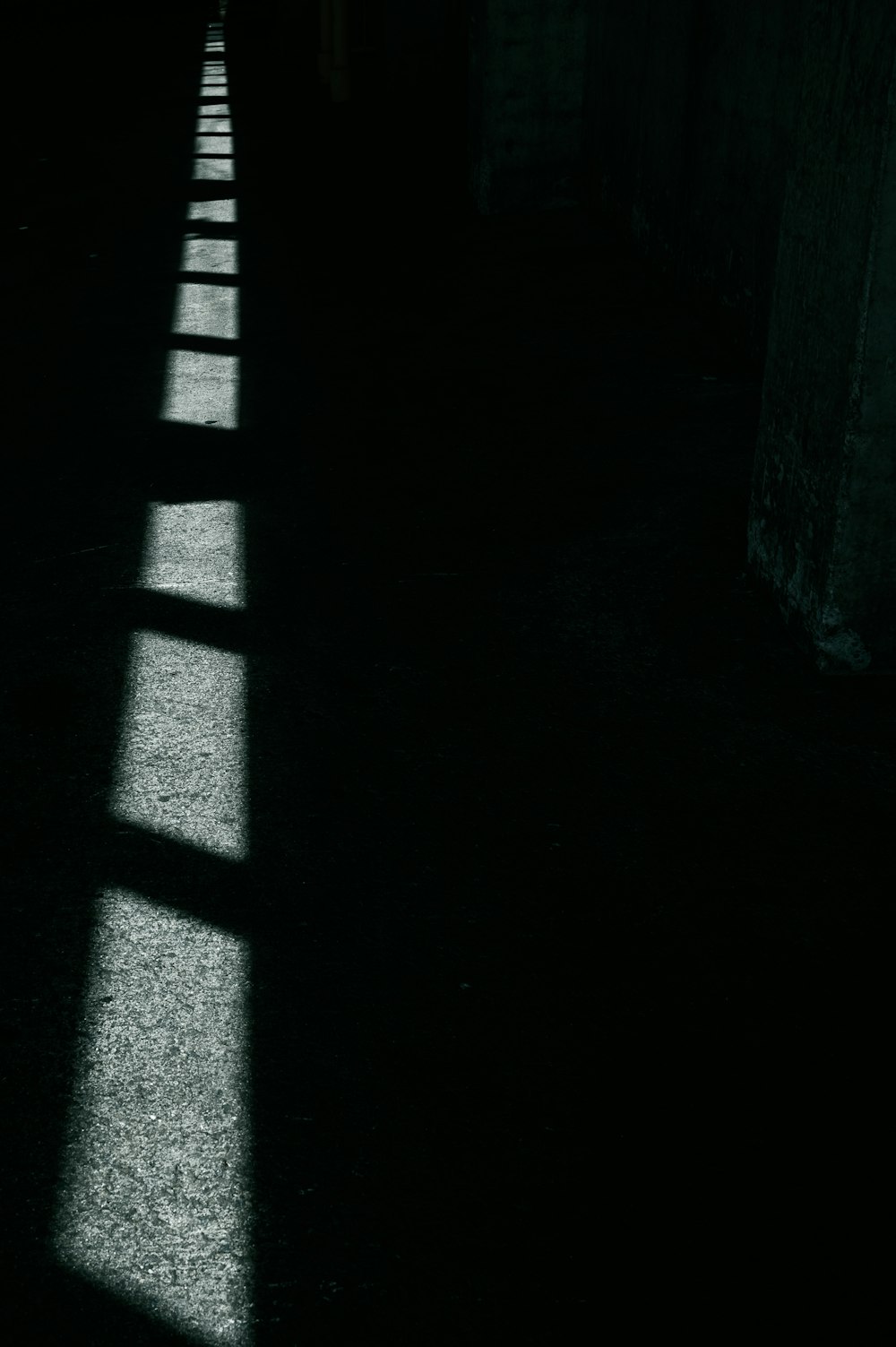 a dark hallway with long shadows on the floor