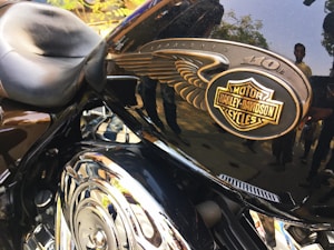 A close-up of a Harley-Davidson motorcycle displaying the emblem with the iconic logo and some chrome details. Reflections of people and trees are visible on the polished surface.