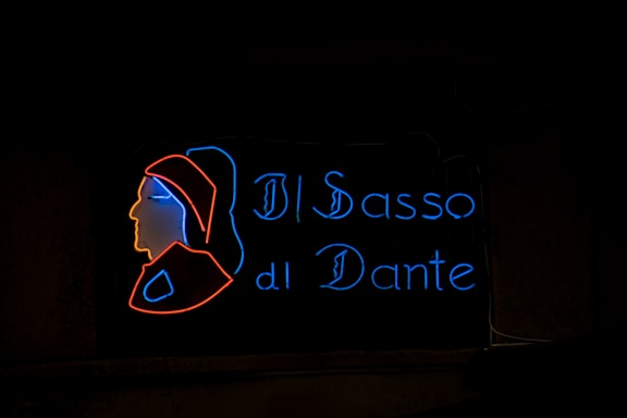 A neon sign consisting of a stylized profile silhouette outlined in red neon, accompanied by the words 'Il Sasso di Dante' in blue neon. The silhouette appears to depict a historical or artistic figure, possibly inspired by Dante Alighieri.