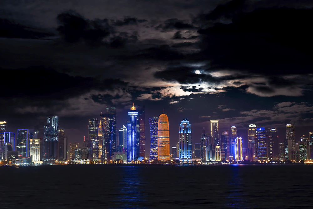 Illuminated Doha skyline in Qatar