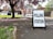 A sidewalk with a sign reading 'Polling Station' is positioned prominently in the foreground. The scene includes a large tree with pink blossoms, scattering petals over the grass and pavement. In the background, residential brick houses and a white car are visible.
