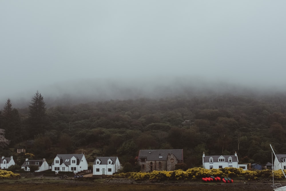 a row of houses sitting on top of a lush green hillside