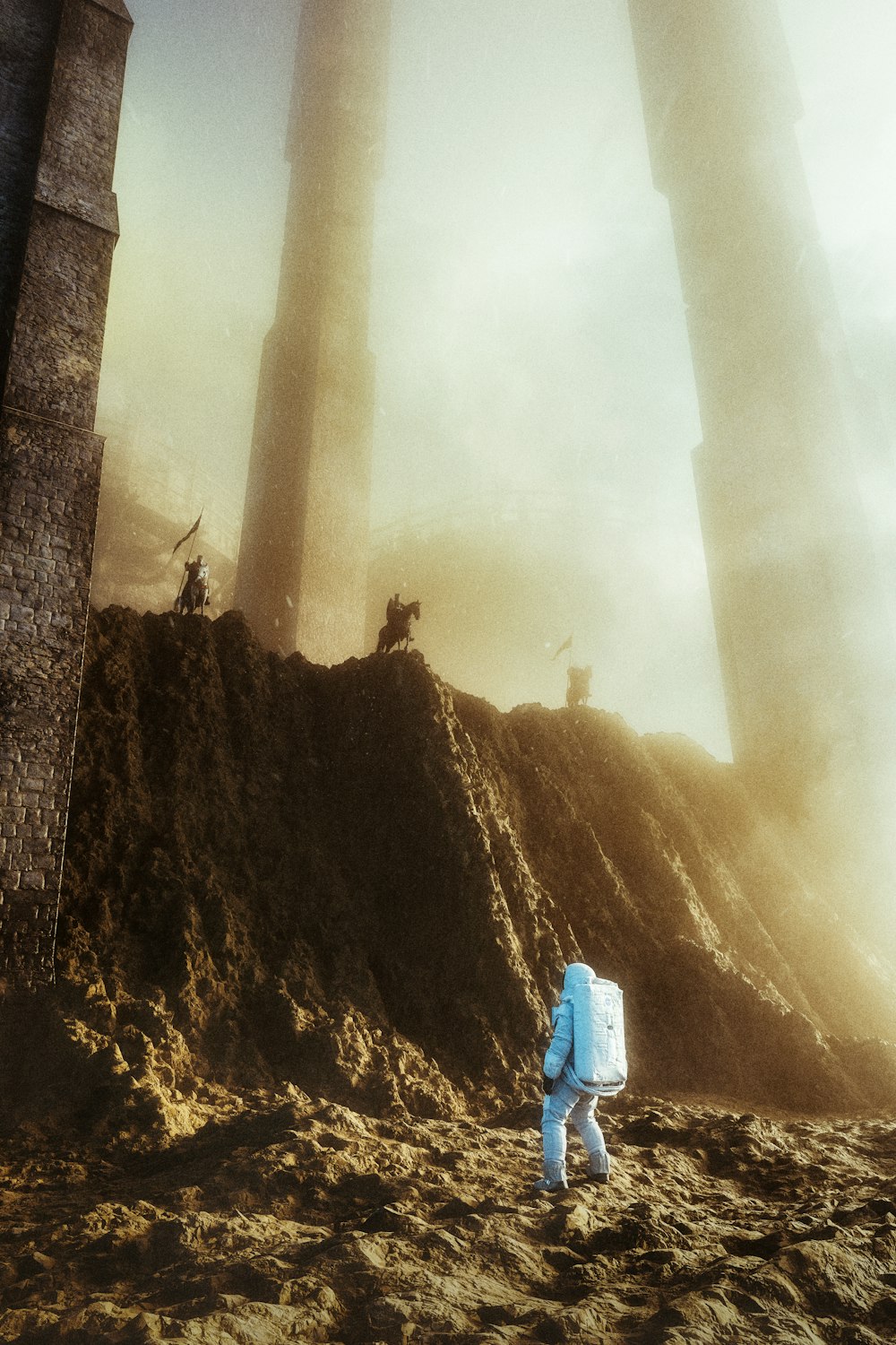 a man in a blue suit walking on a dirt field