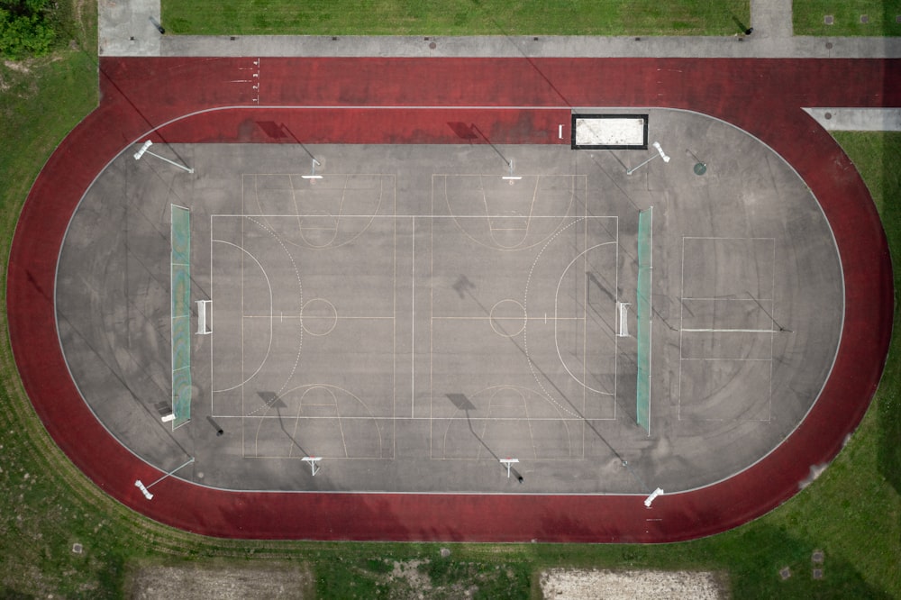 an aerial view of an empty basketball court