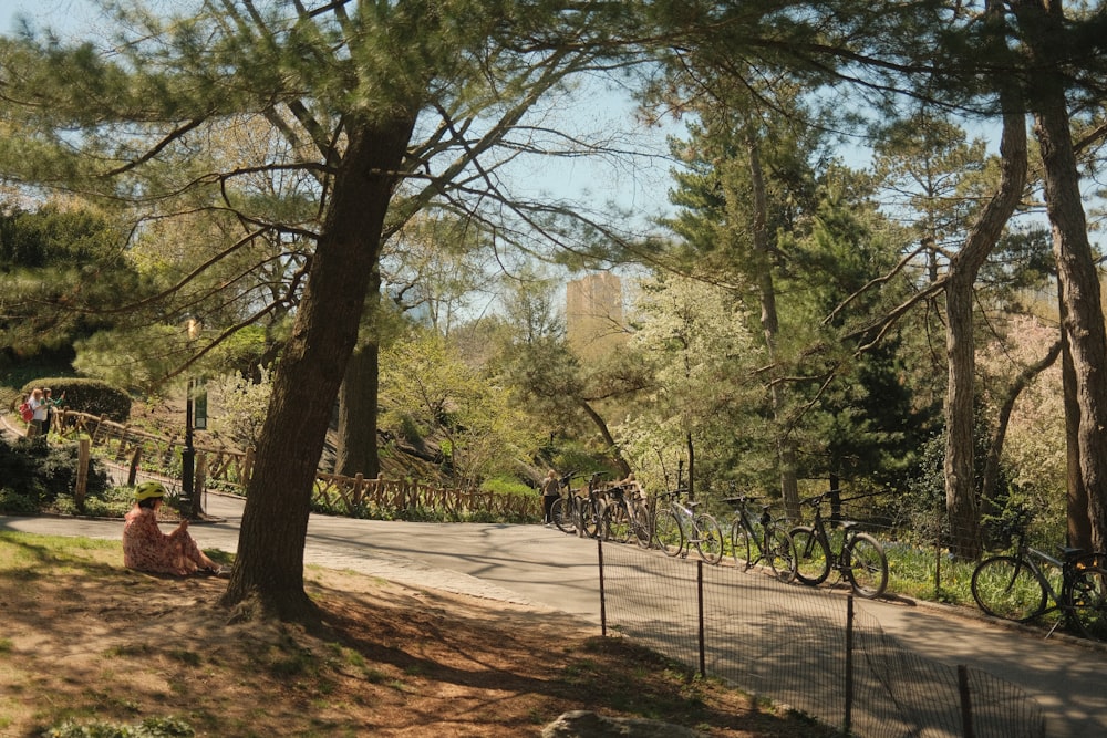 um grupo de pessoas sentadas à beira de uma estrada