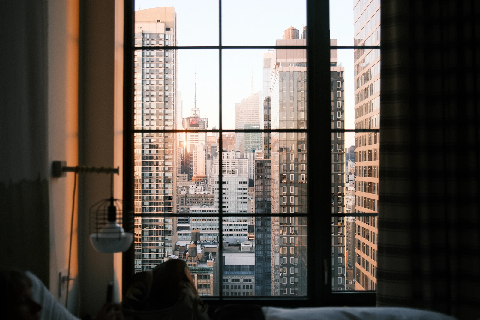 New York City skyline seen through a hotel room window