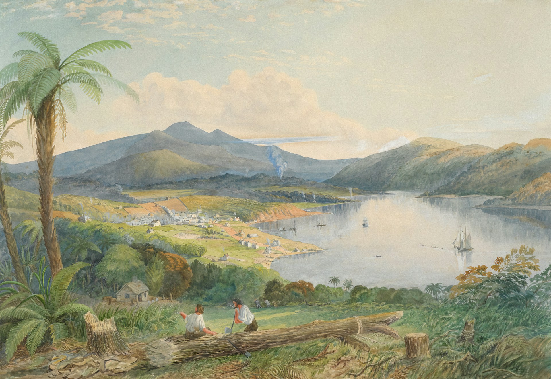 a painting of a river with a mountain in the background