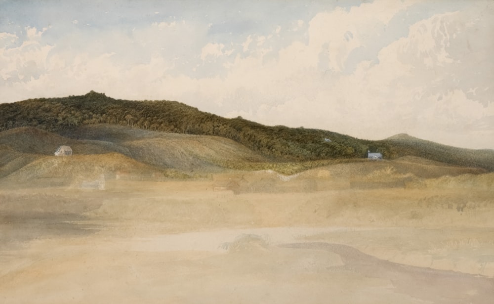 a painting of a hilly area with hills in the background