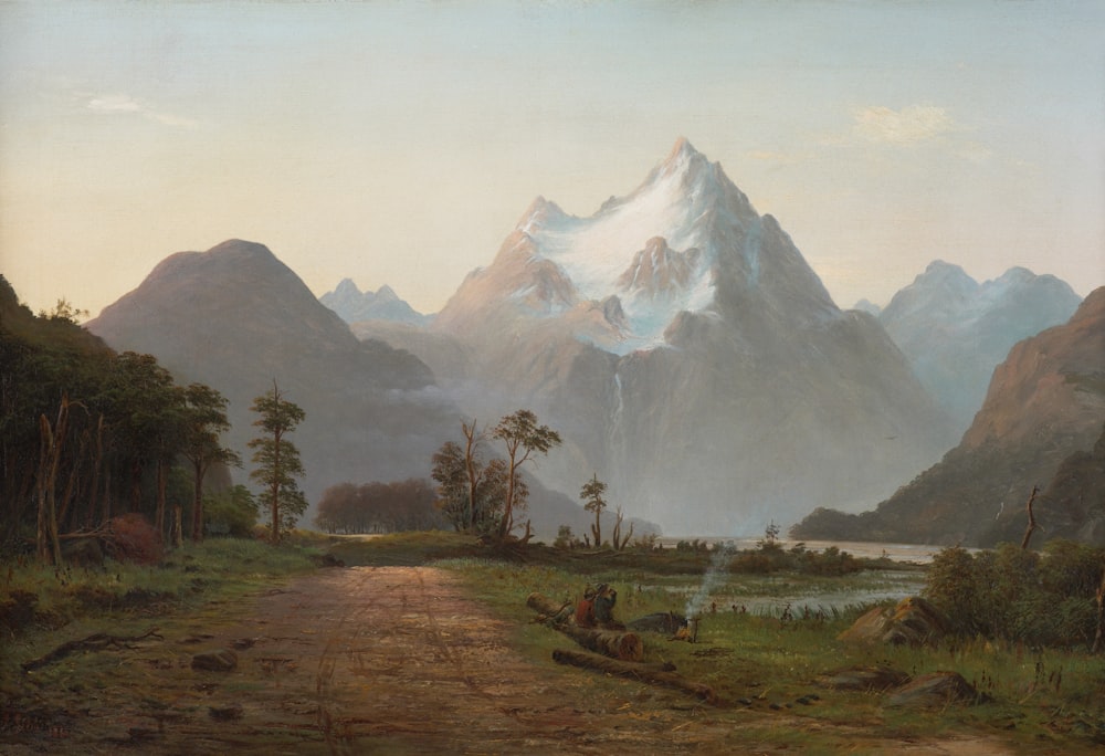 a painting of a dirt road leading to a mountain range
